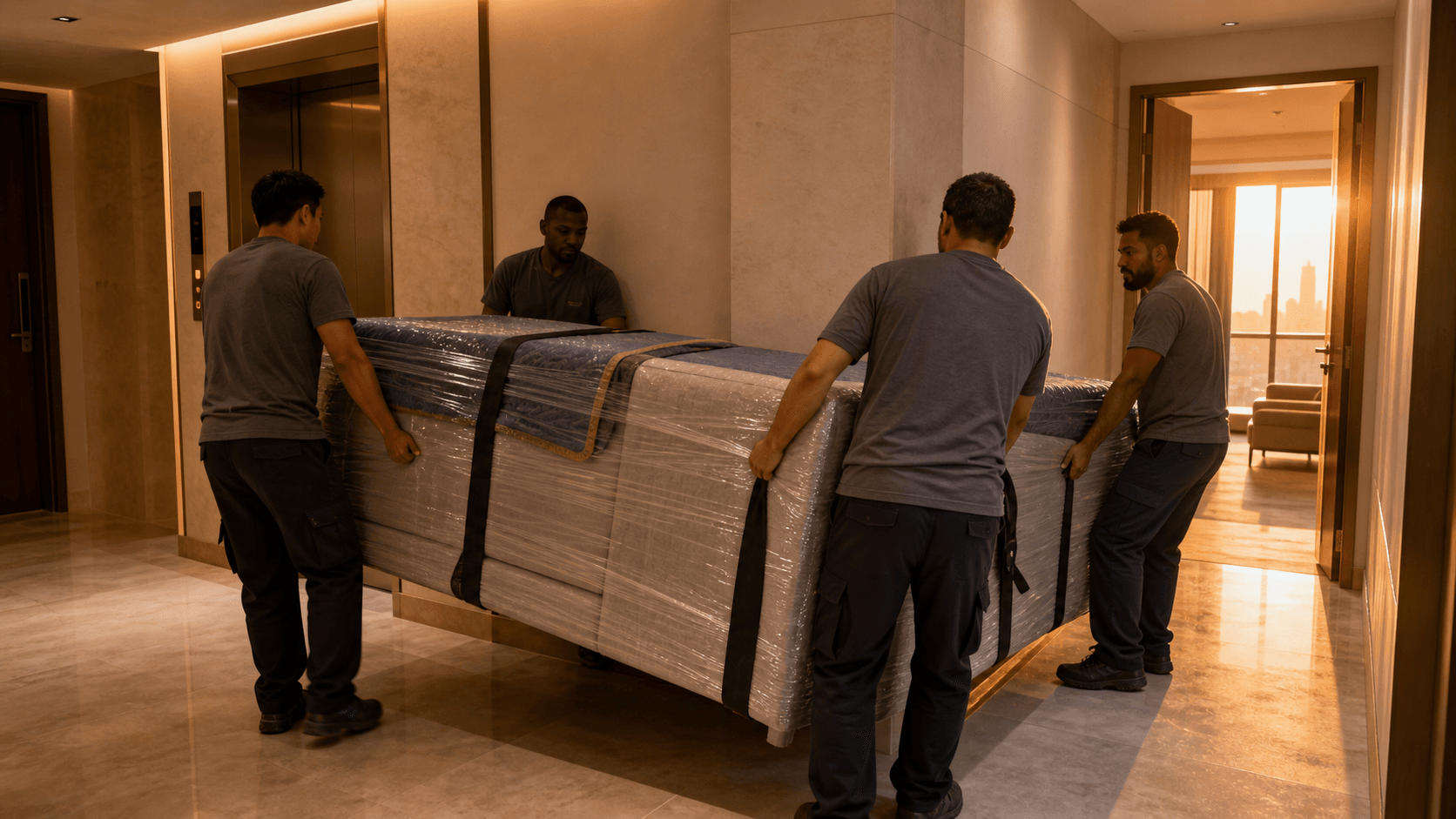 Movers guiding a wrapped sofa module around a Dubai apartment corridor