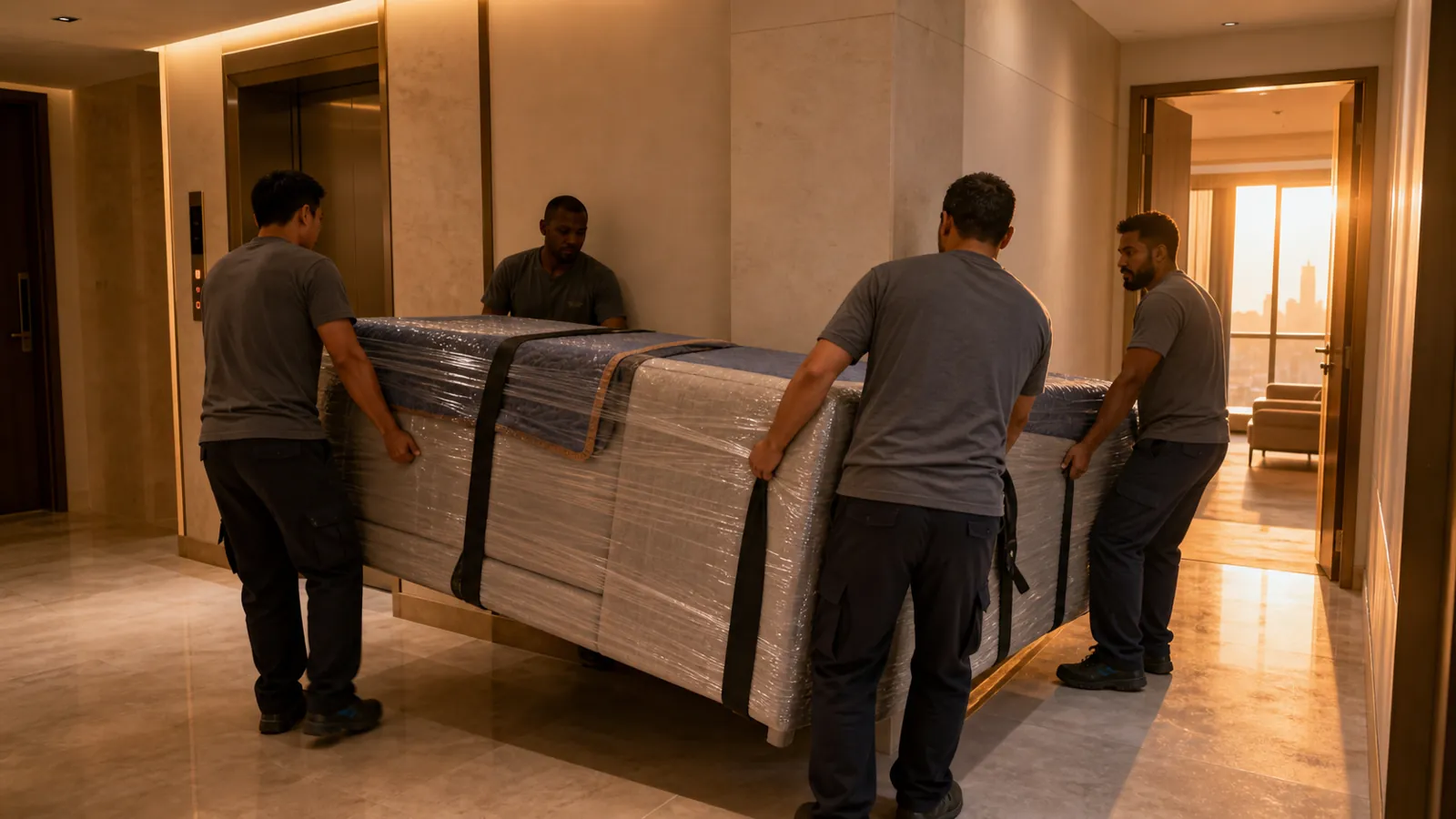 Movers guiding a wrapped sofa module around a Dubai apartment corridor