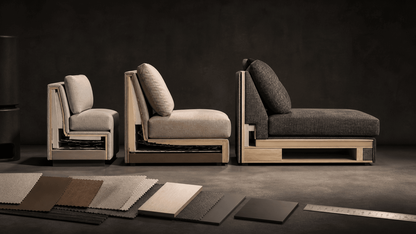 Studio comparison of shallow, deep and chaise sofa seat profiles