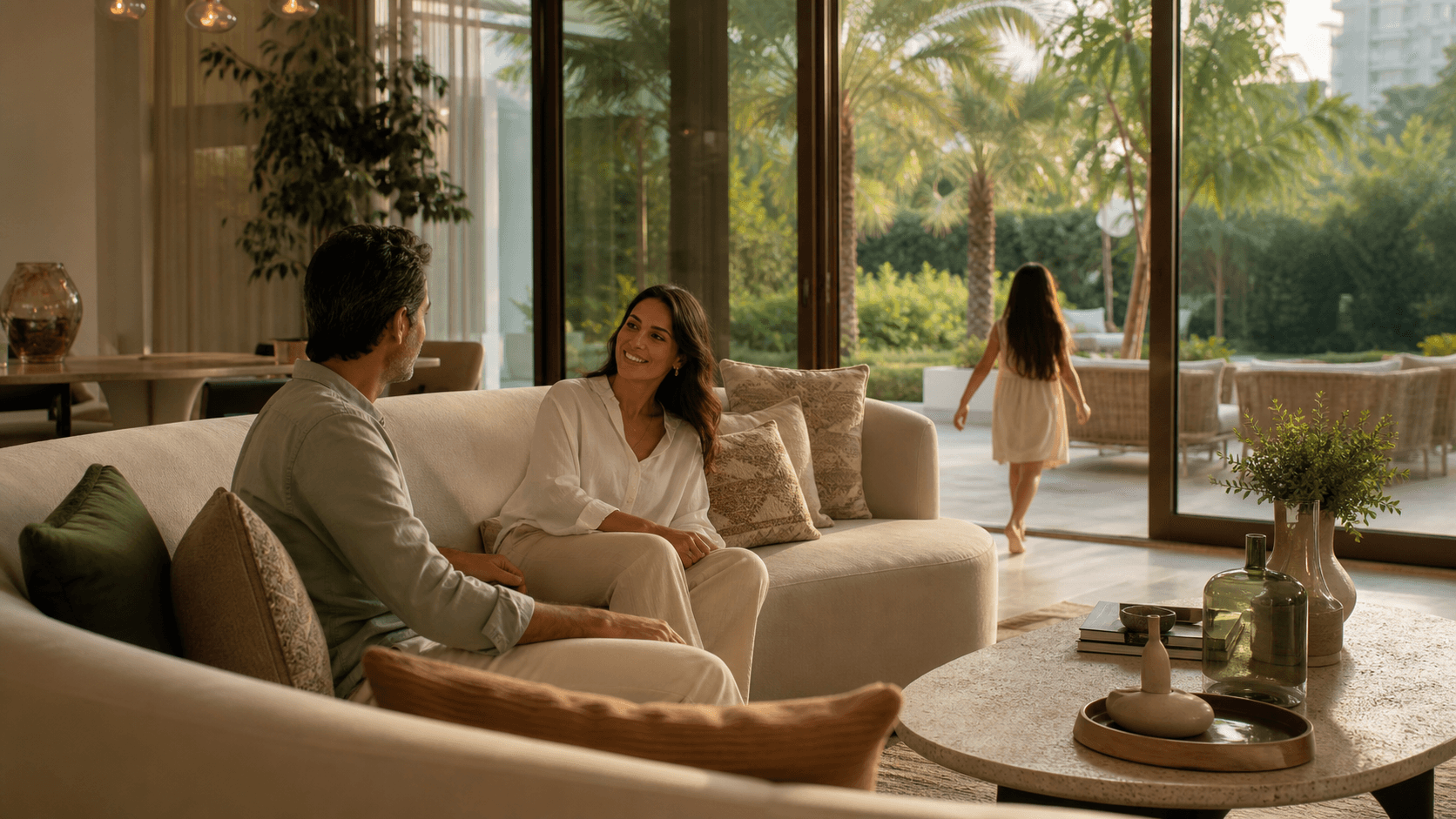 Dubai villa family room showing a curved sofa and clear walking route