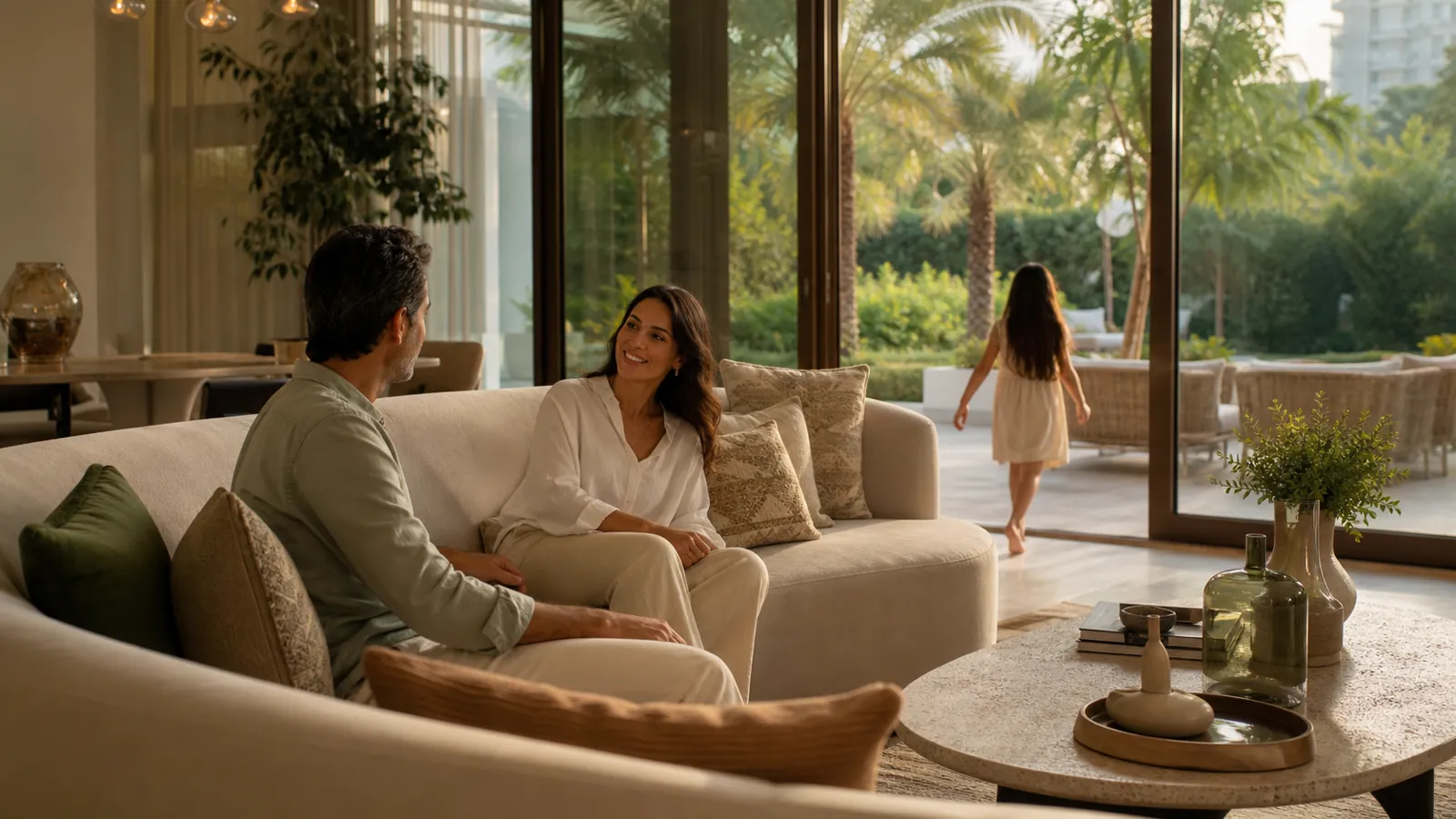 Dubai villa family room showing a curved sofa and clear walking route