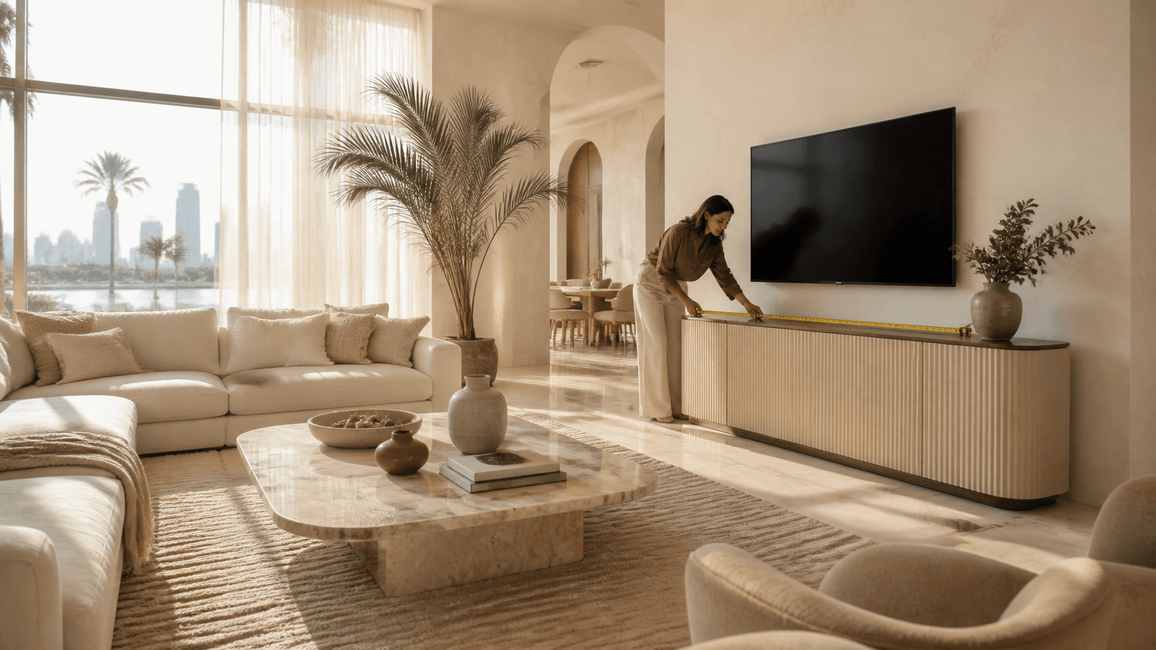 Designer measuring a TV console in a bright Dubai villa living room
