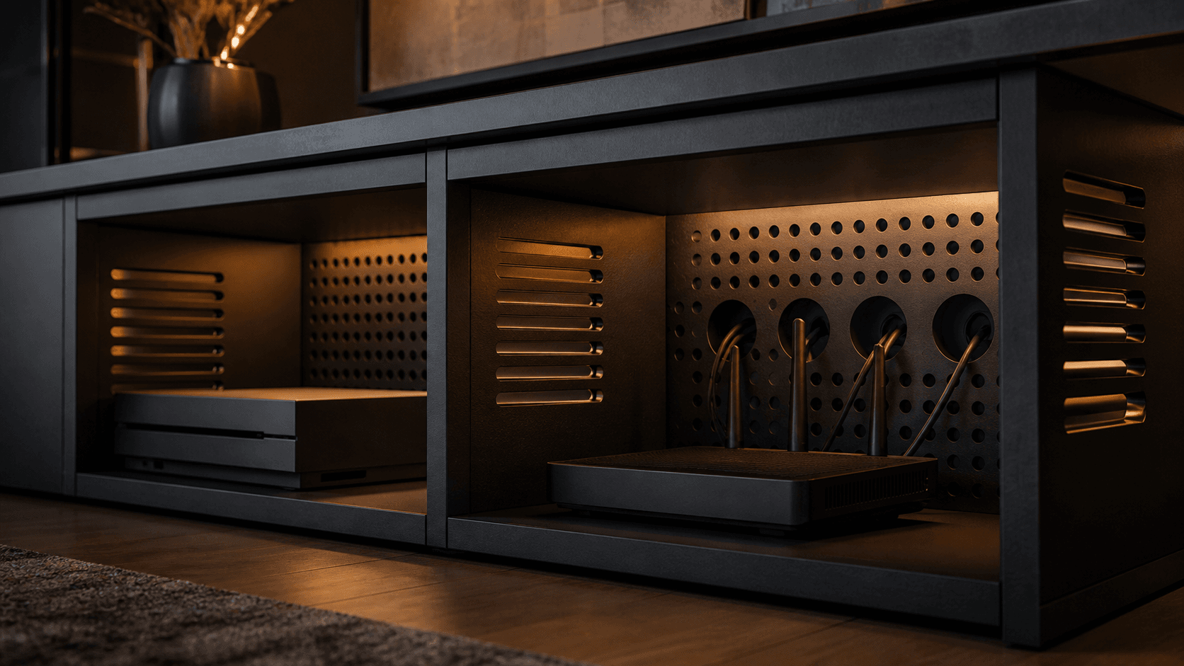 Ventilated media cabinet with router, console and planned cable routes