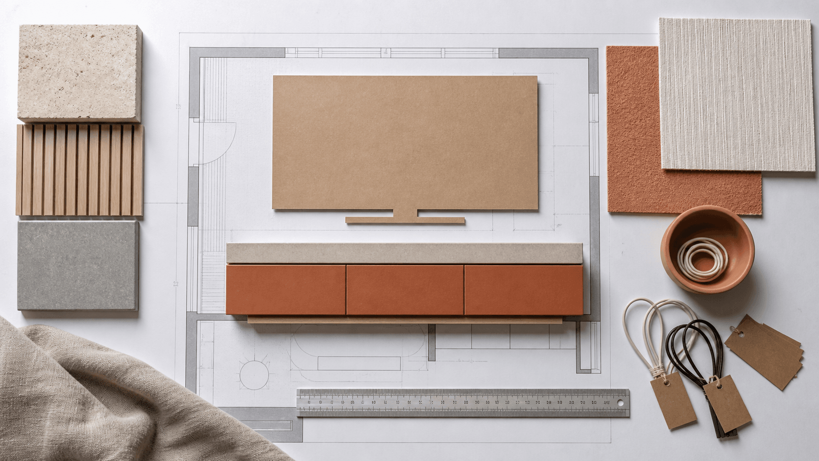 Top-down TV unit planning layout with samples, ruler and floor plan