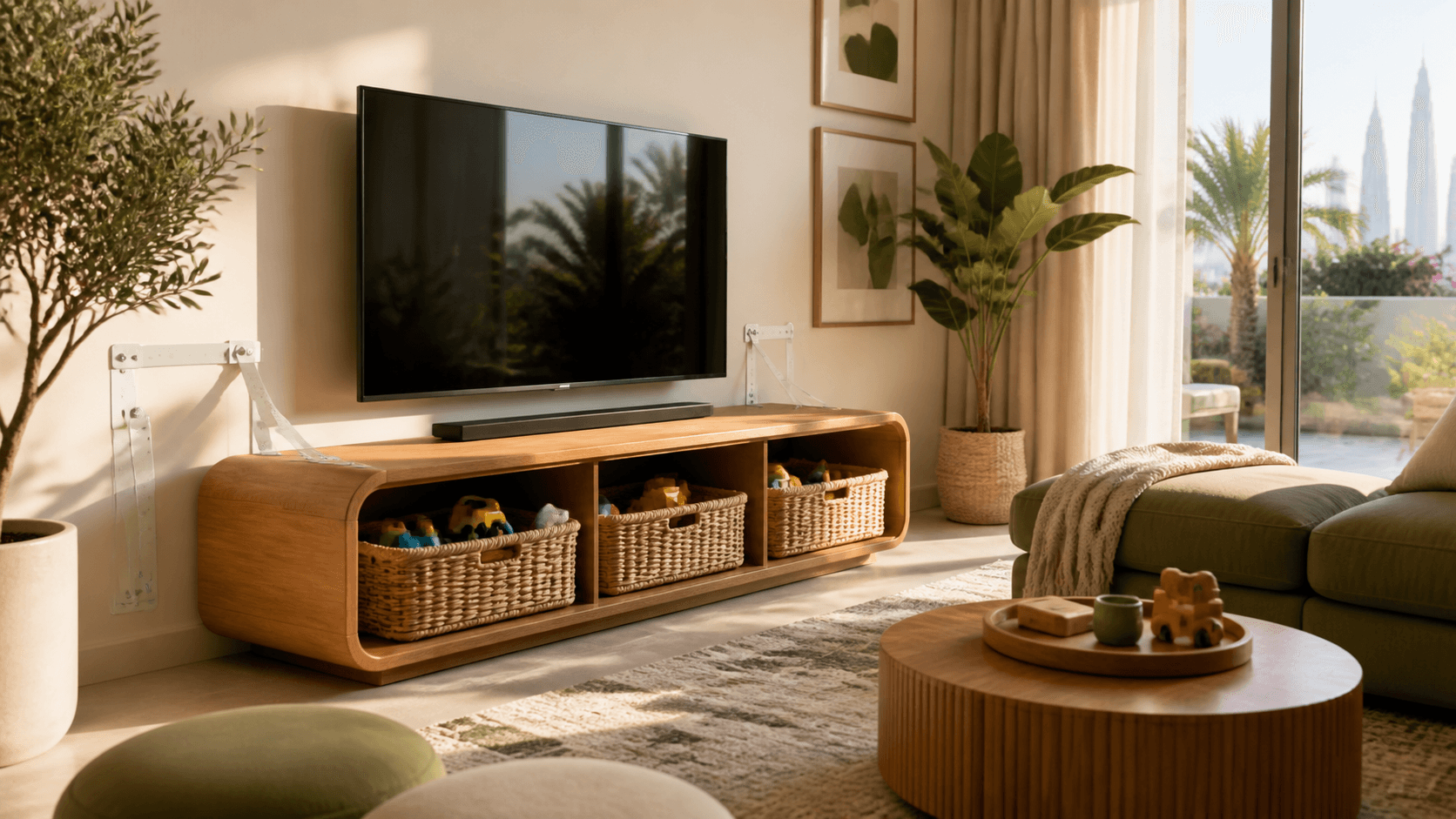 Stable rounded TV console and wall fixing detail in a family media corner