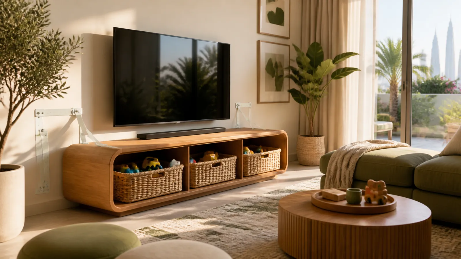 Stable rounded TV console and wall fixing detail in a family media corner