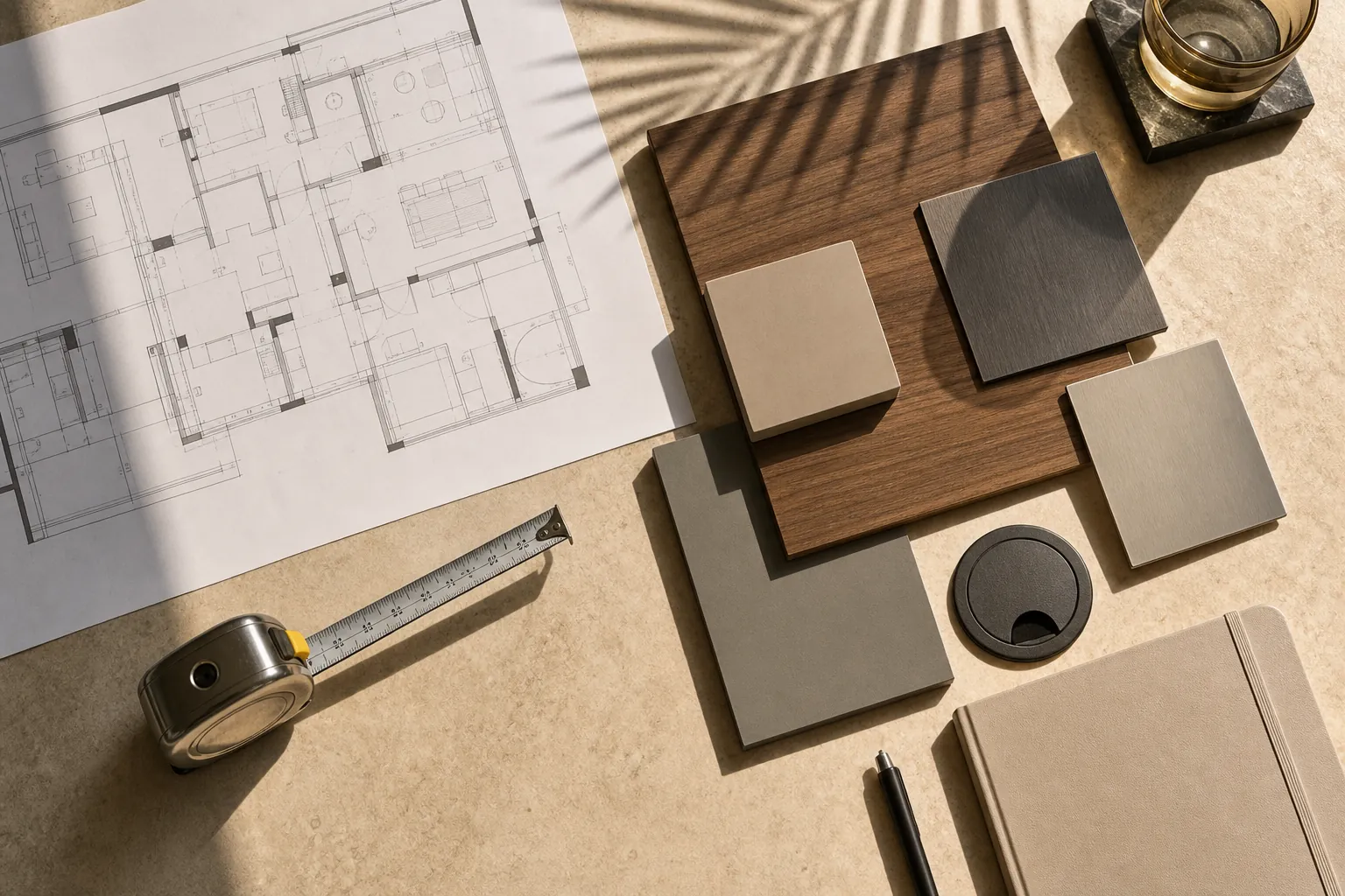 Overhead desk planning flat lay with samples and tape measure