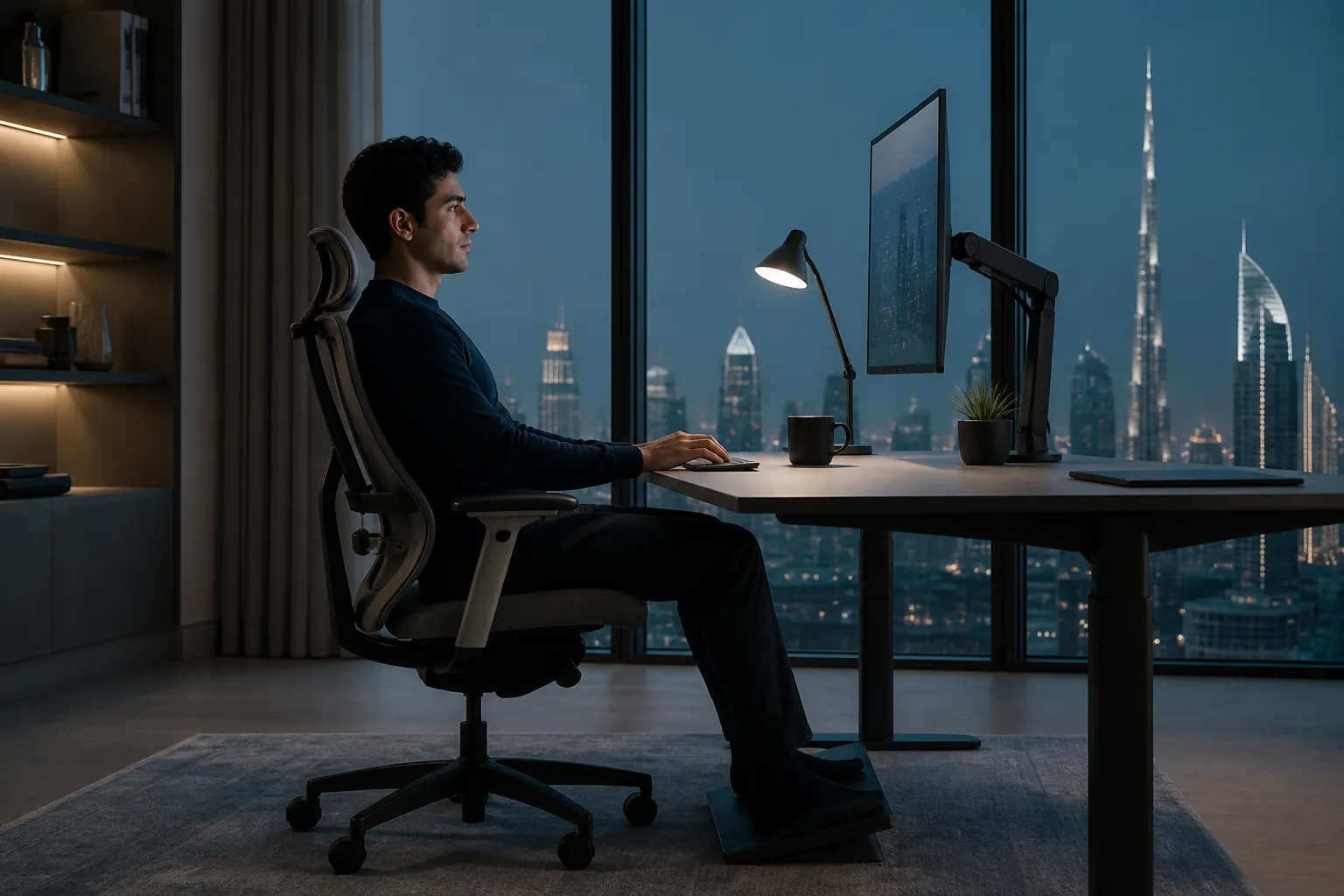 Side view of an ergonomic workstation in cool evening light