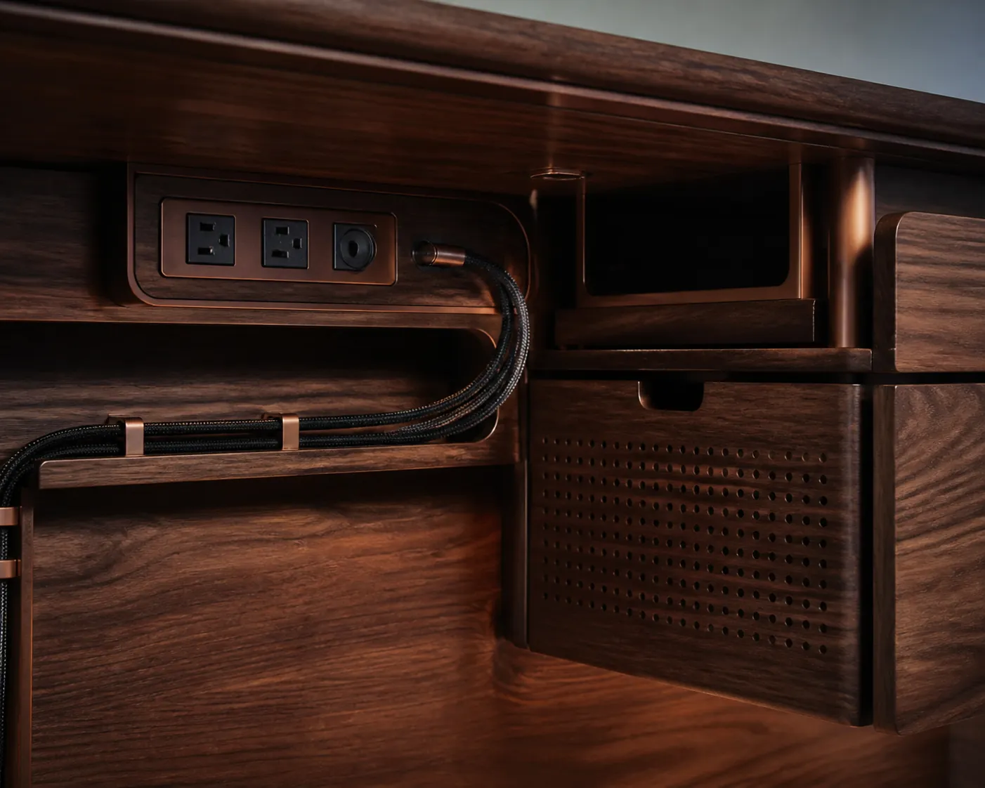 Integrated cable management beneath a walnut desk