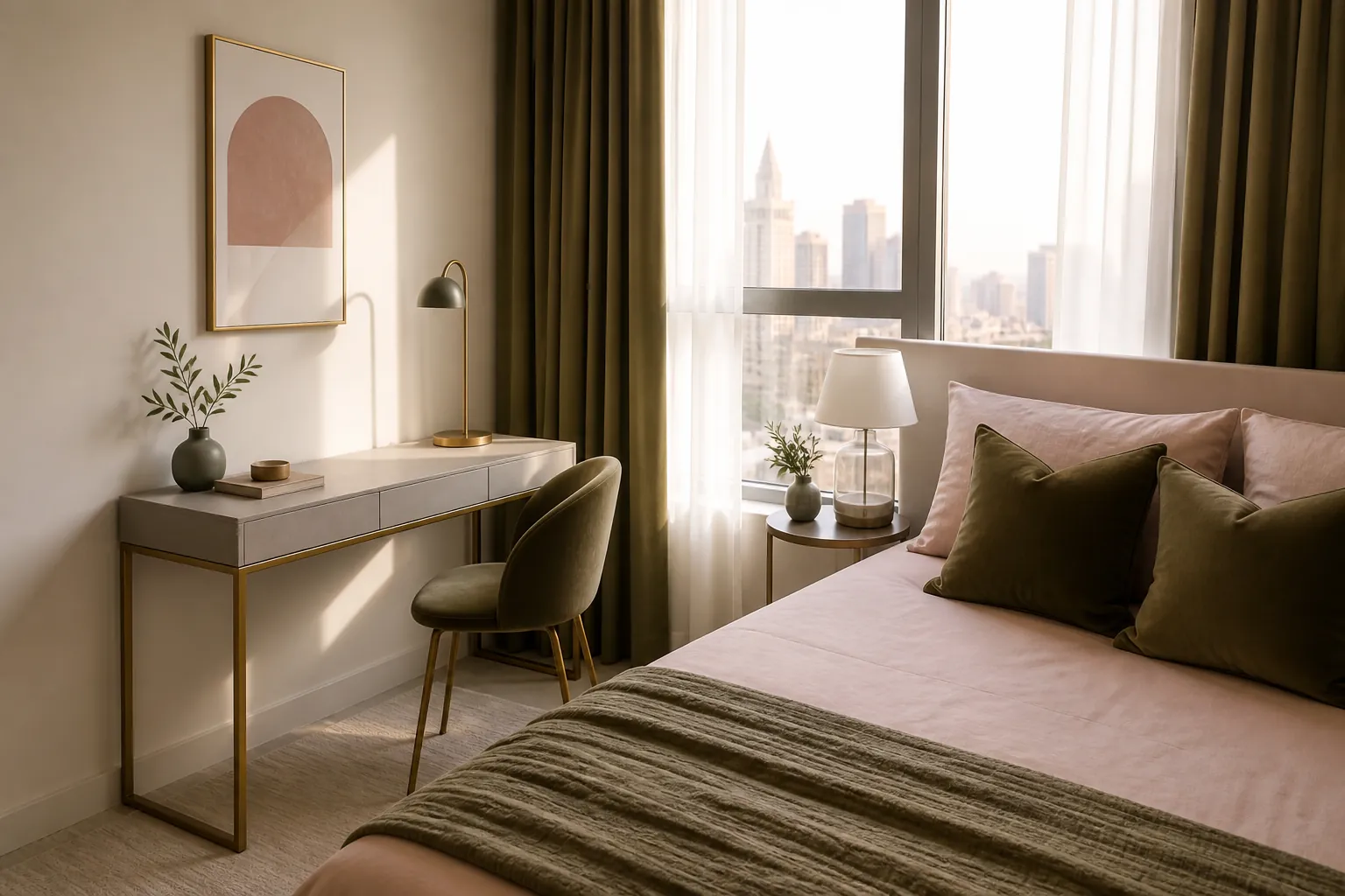 Slim console desk in a blush and olive Dubai guest room
