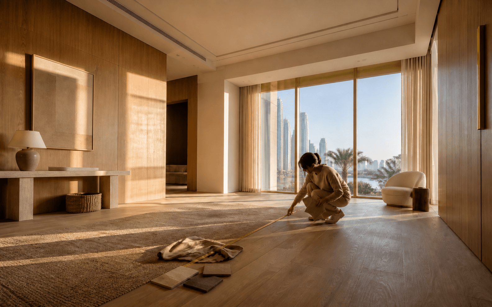 Newly handed-over Dubai villa living room with measured furniture footprints and a floor plan before procurement begins