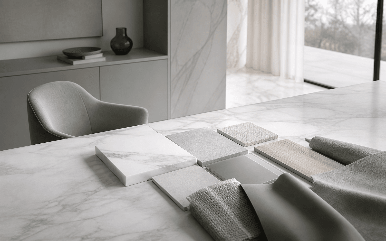 Walnut, bouclé, leather, bronze and stone samples arranged with drawings for a Dubai villa furniture specification