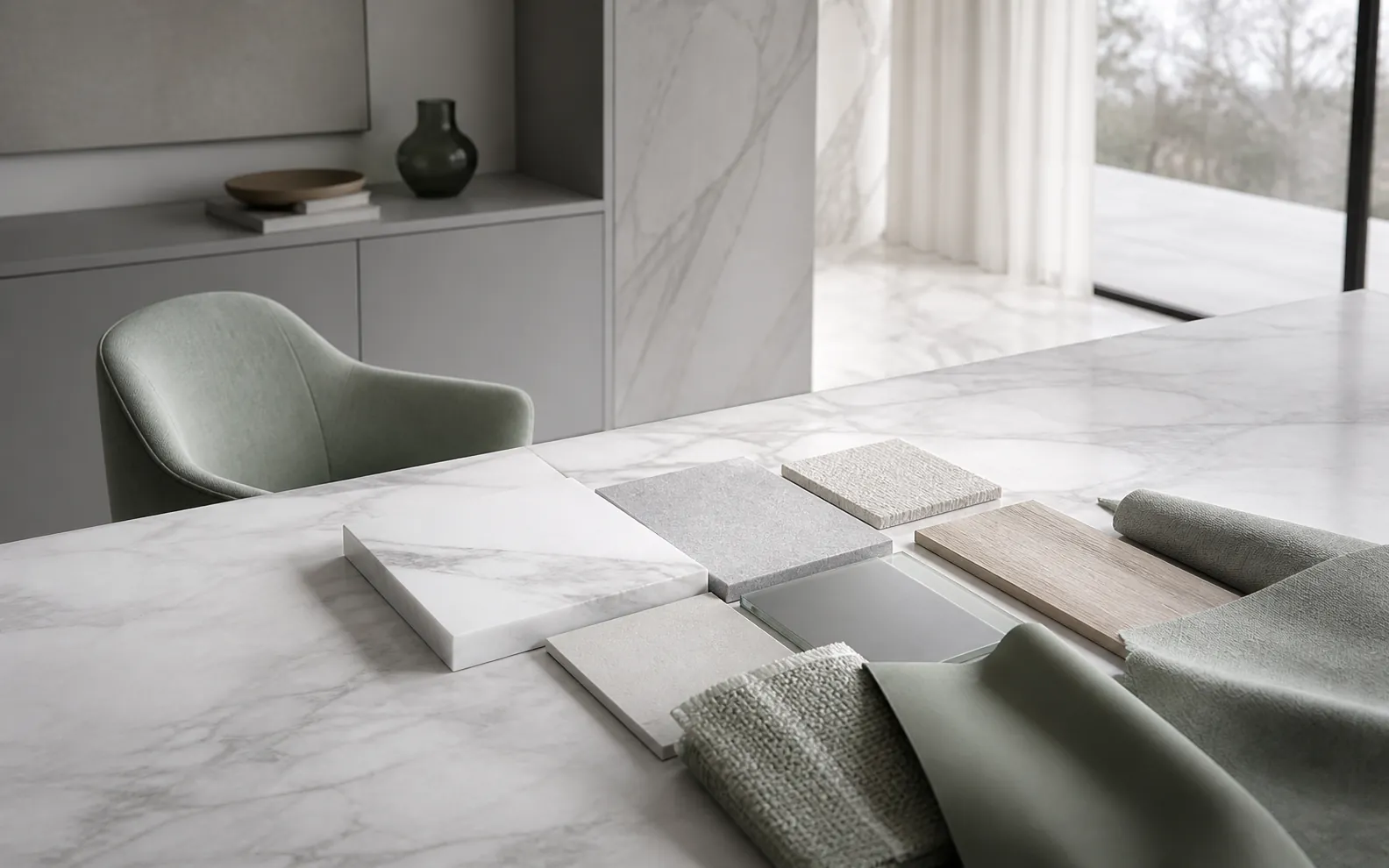 Walnut, bouclé, leather, bronze and stone samples arranged with drawings for a Dubai villa furniture specification