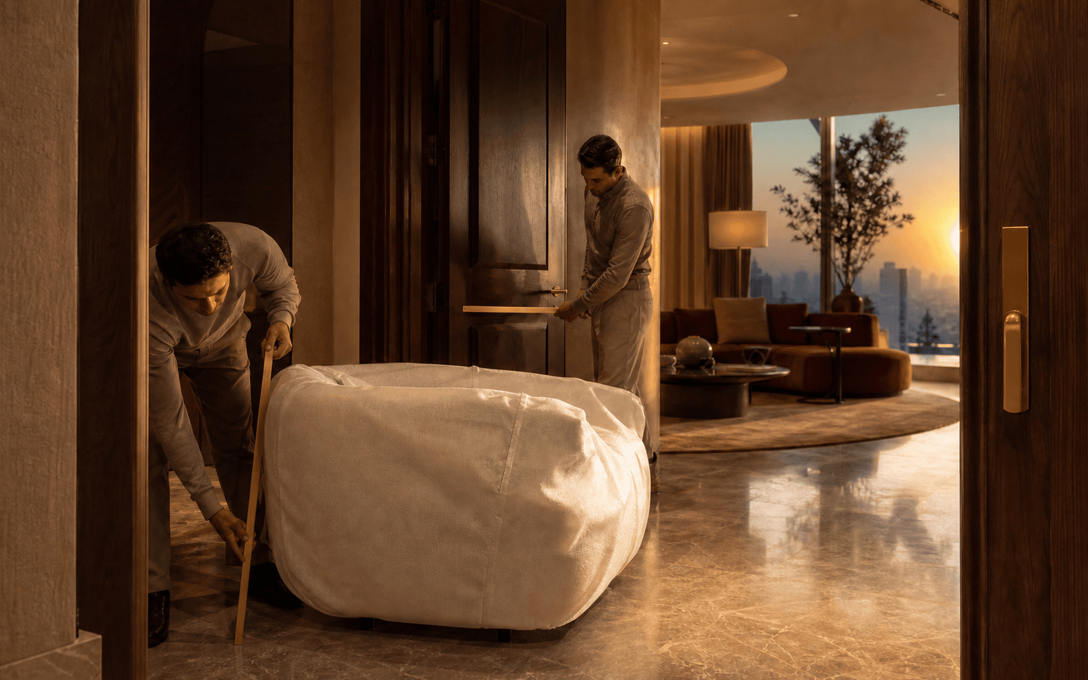 Delivery team measuring a Dubai villa entrance beside a protected modular sofa component