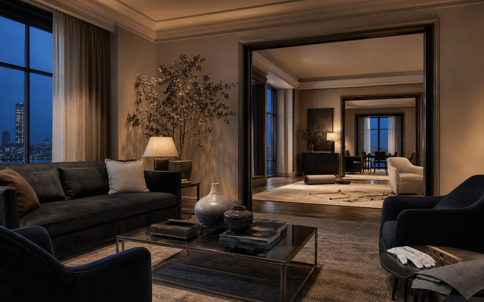 Coordinated white-glove furniture installation in an open-plan Dubai villa with floors protected
