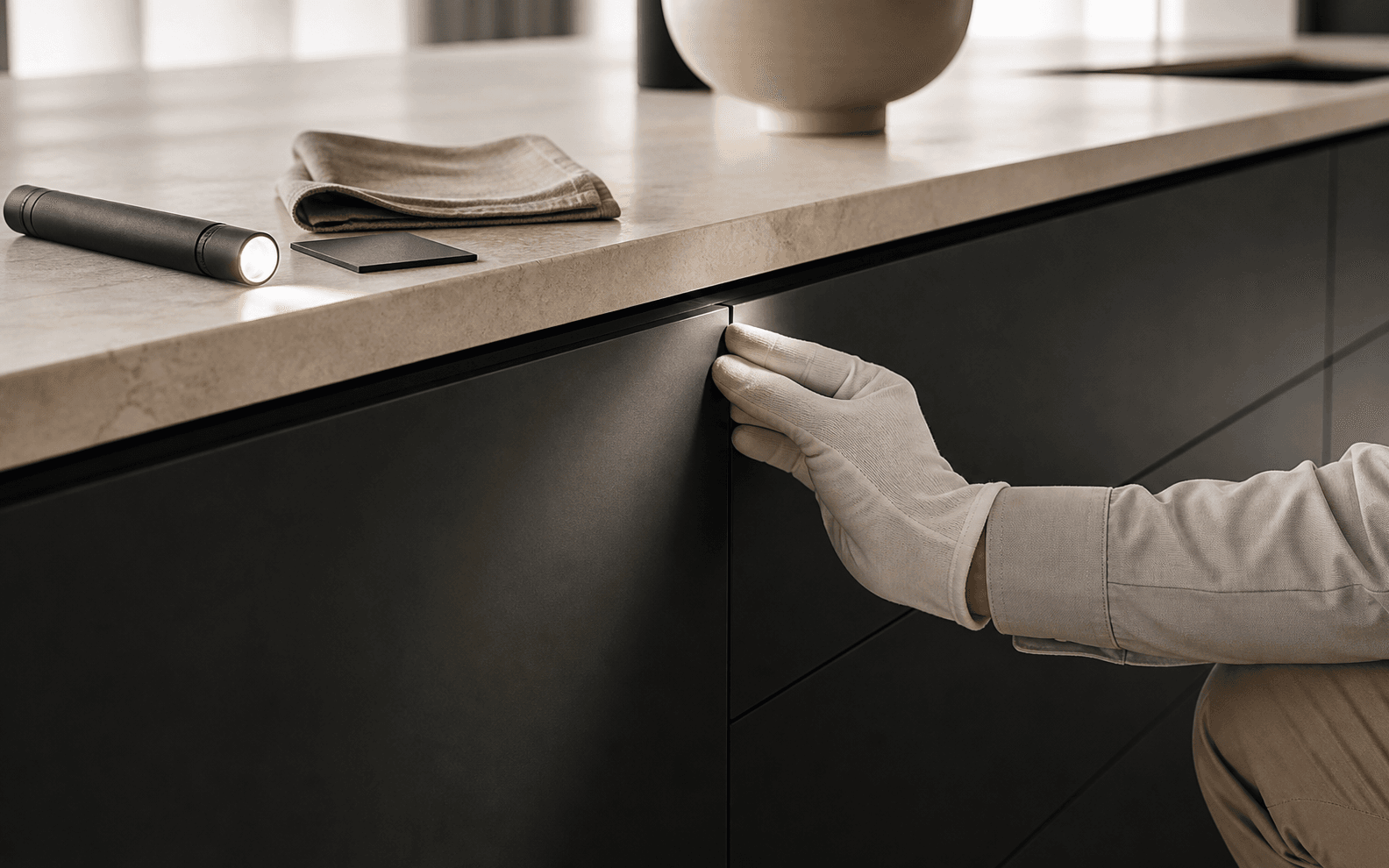 Close inspection of a stone table edge and timber joinery during luxury furniture handover
