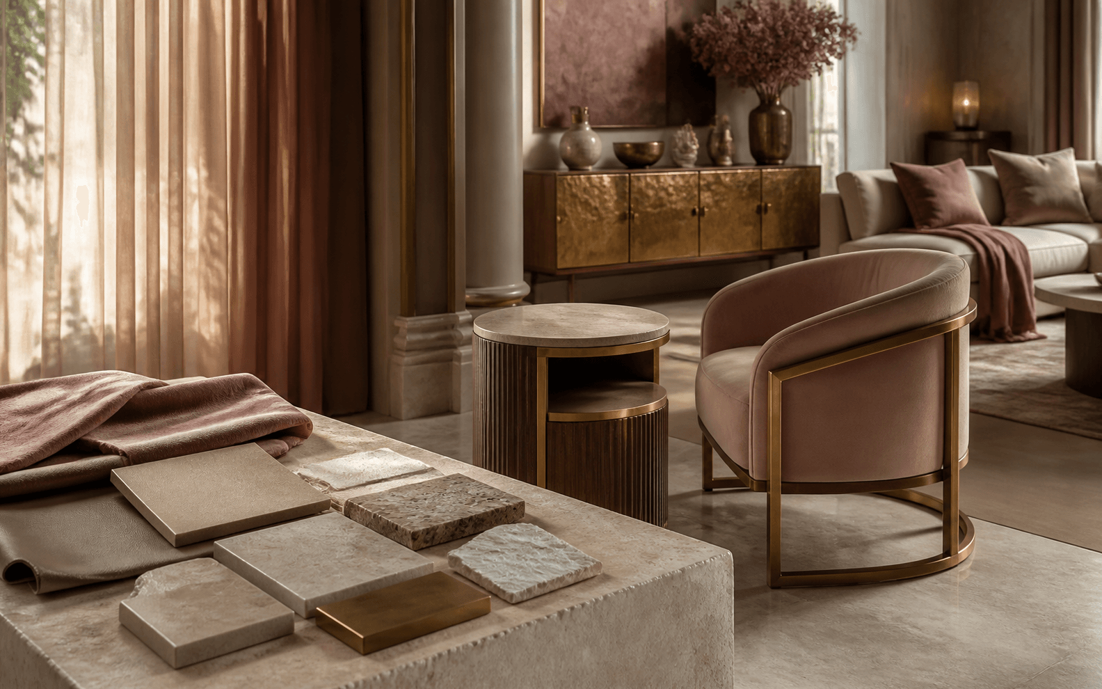 Visual journey from villa survey and sample approval through production, delivery and the completed interior