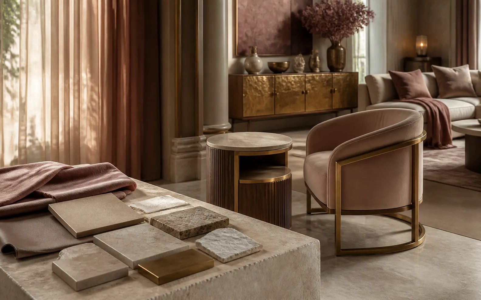 Visual journey from villa survey and sample approval through production, delivery and the completed interior