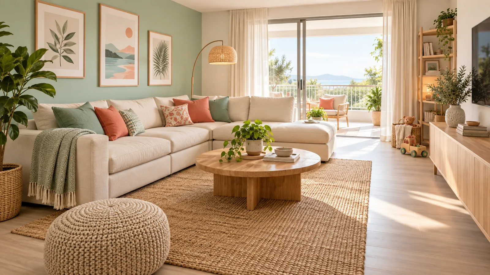 Bright family room with an L-shaped cream modular sofa