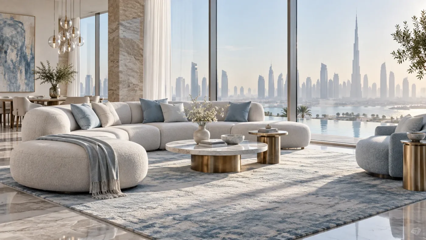 Cool daylight Dubai penthouse with a pale modular sofa