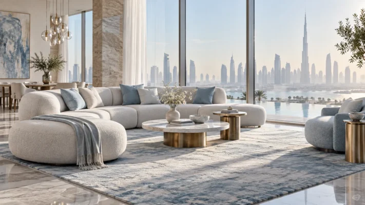Cool daylight Dubai penthouse with a pale modular sofa