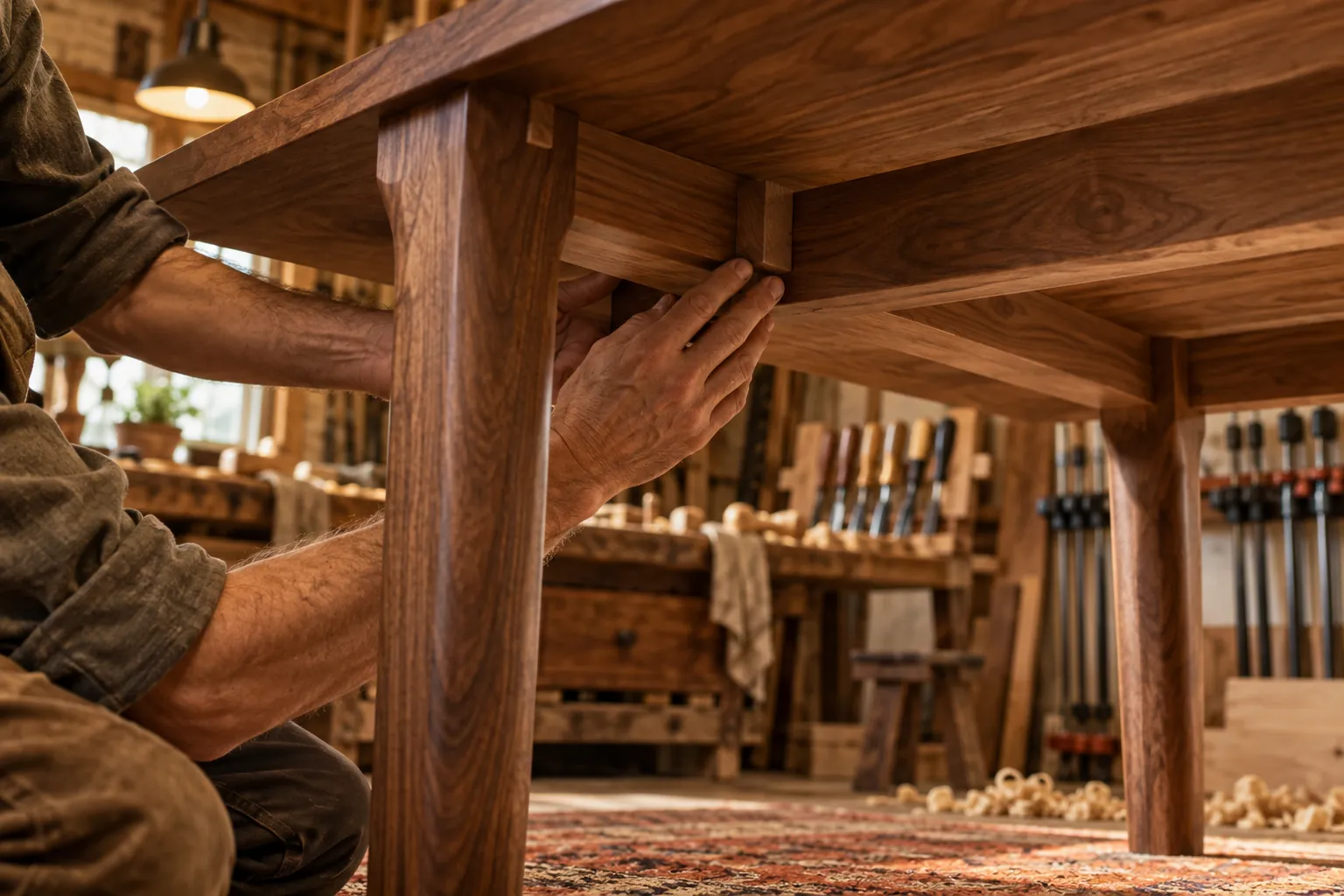 Craftsperson checking dining-table joinery