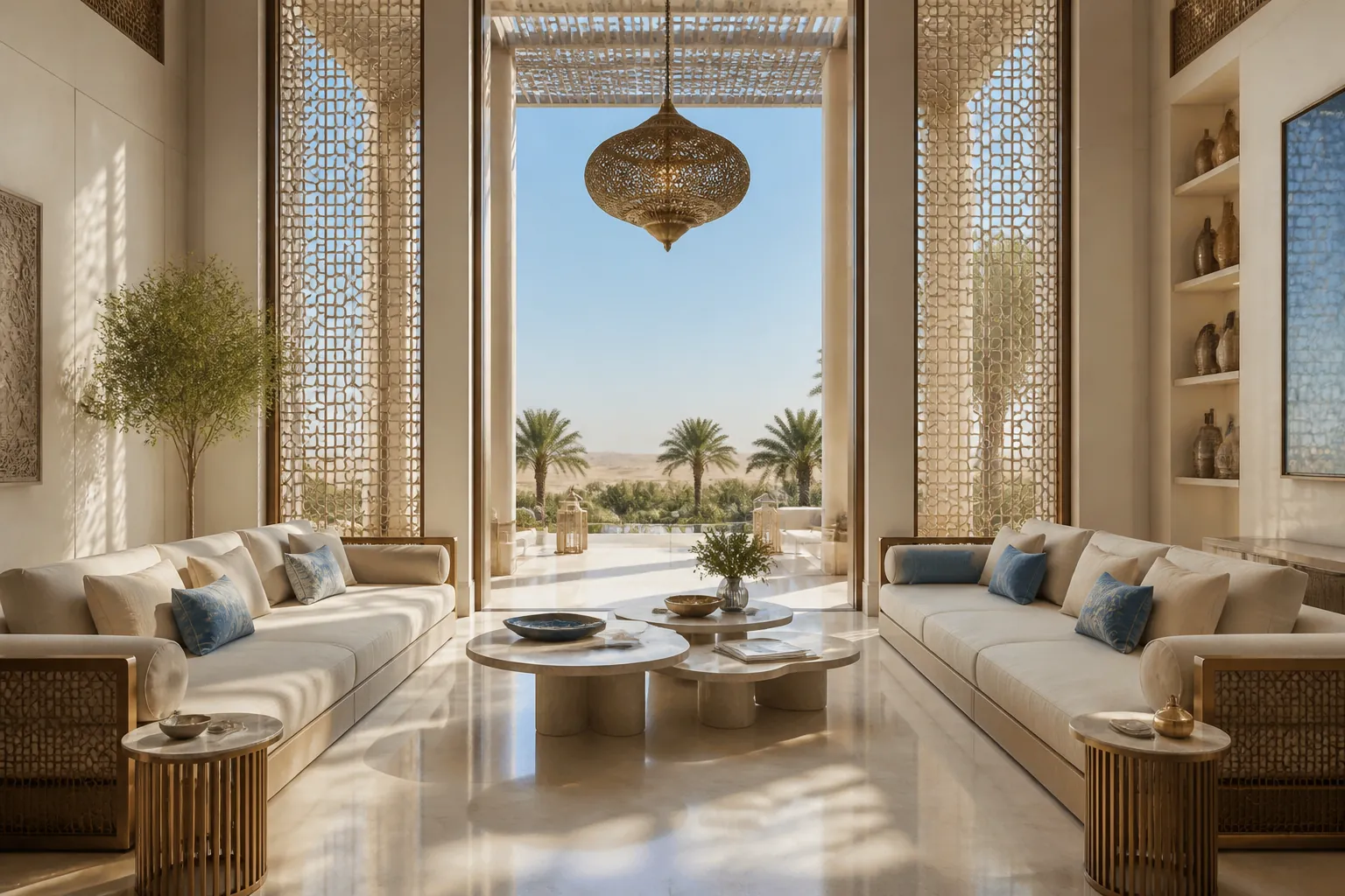 Facing cream sofas arranged for conversation in a Dubai majlis
