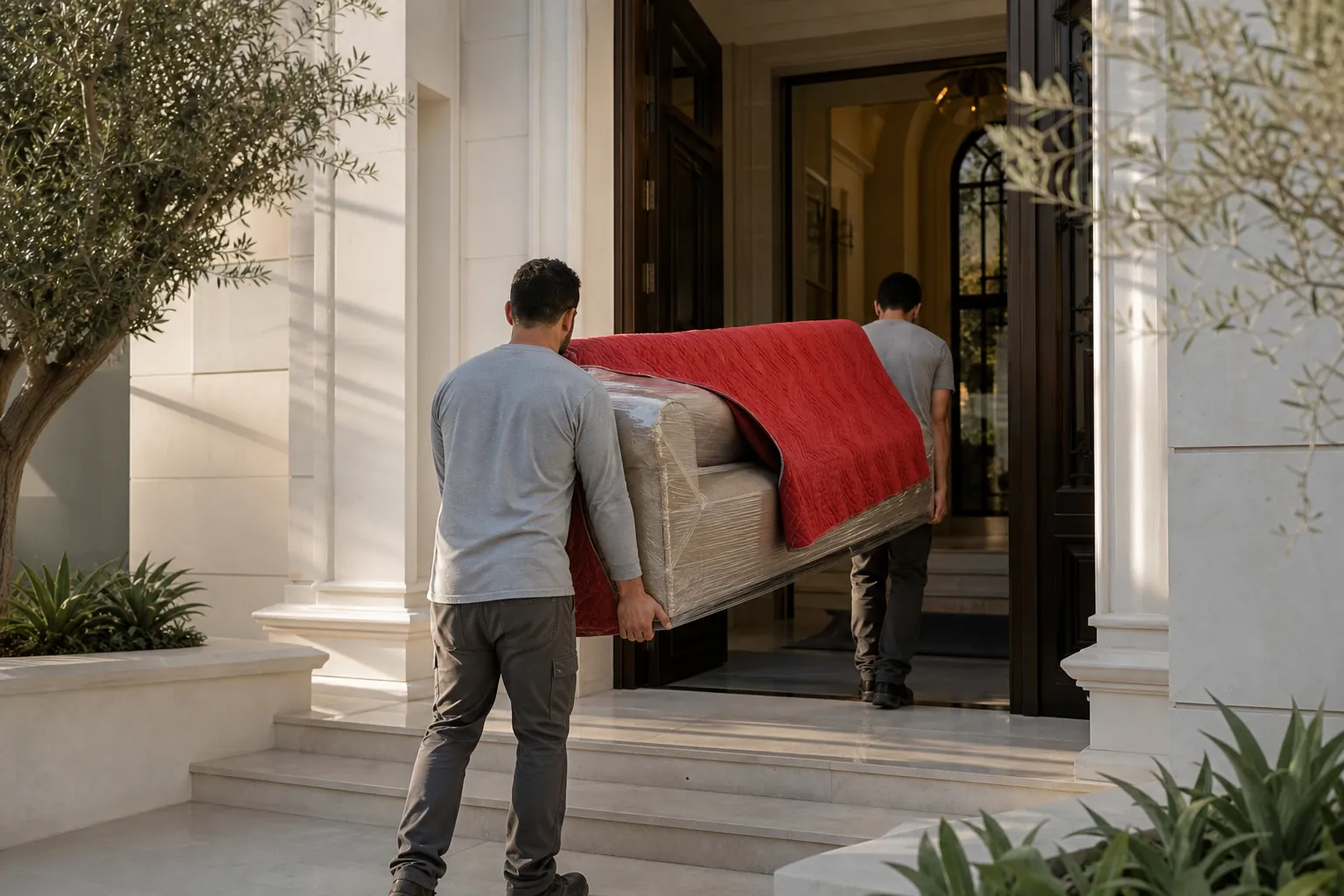 Wrapped sofa section moving through a Dubai villa entrance