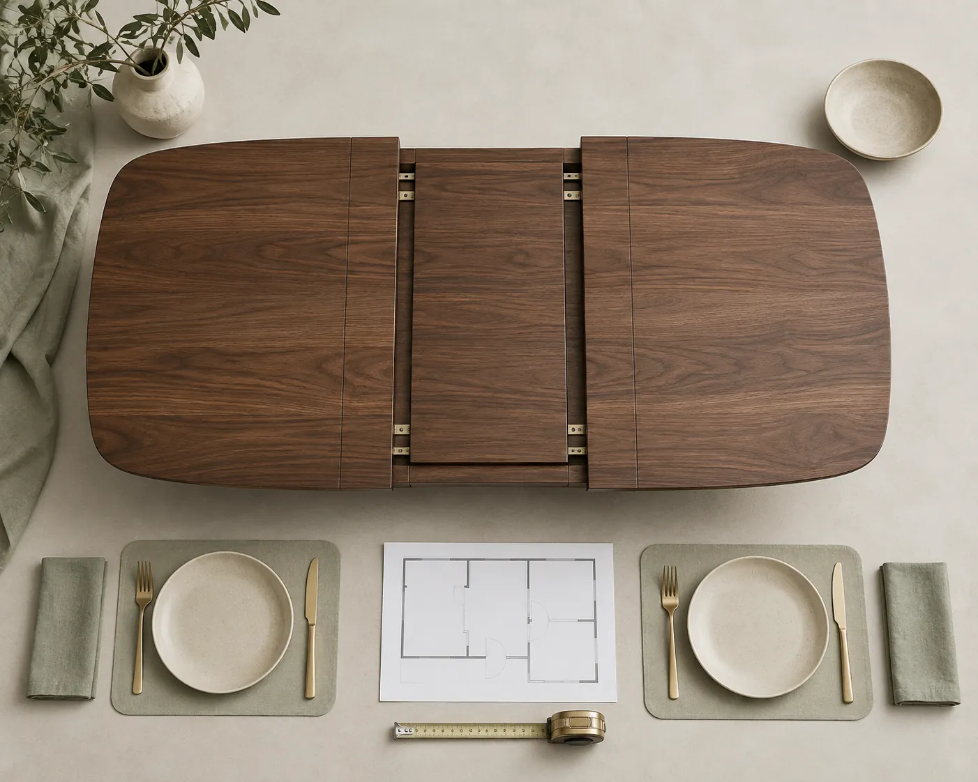 Top view of dining table measurements and finish samples