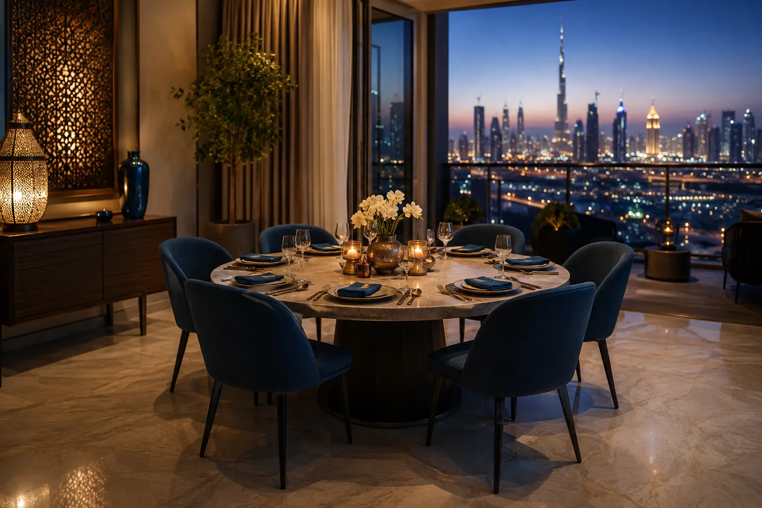 Round extendable dining table set for six at Dubai twilight
