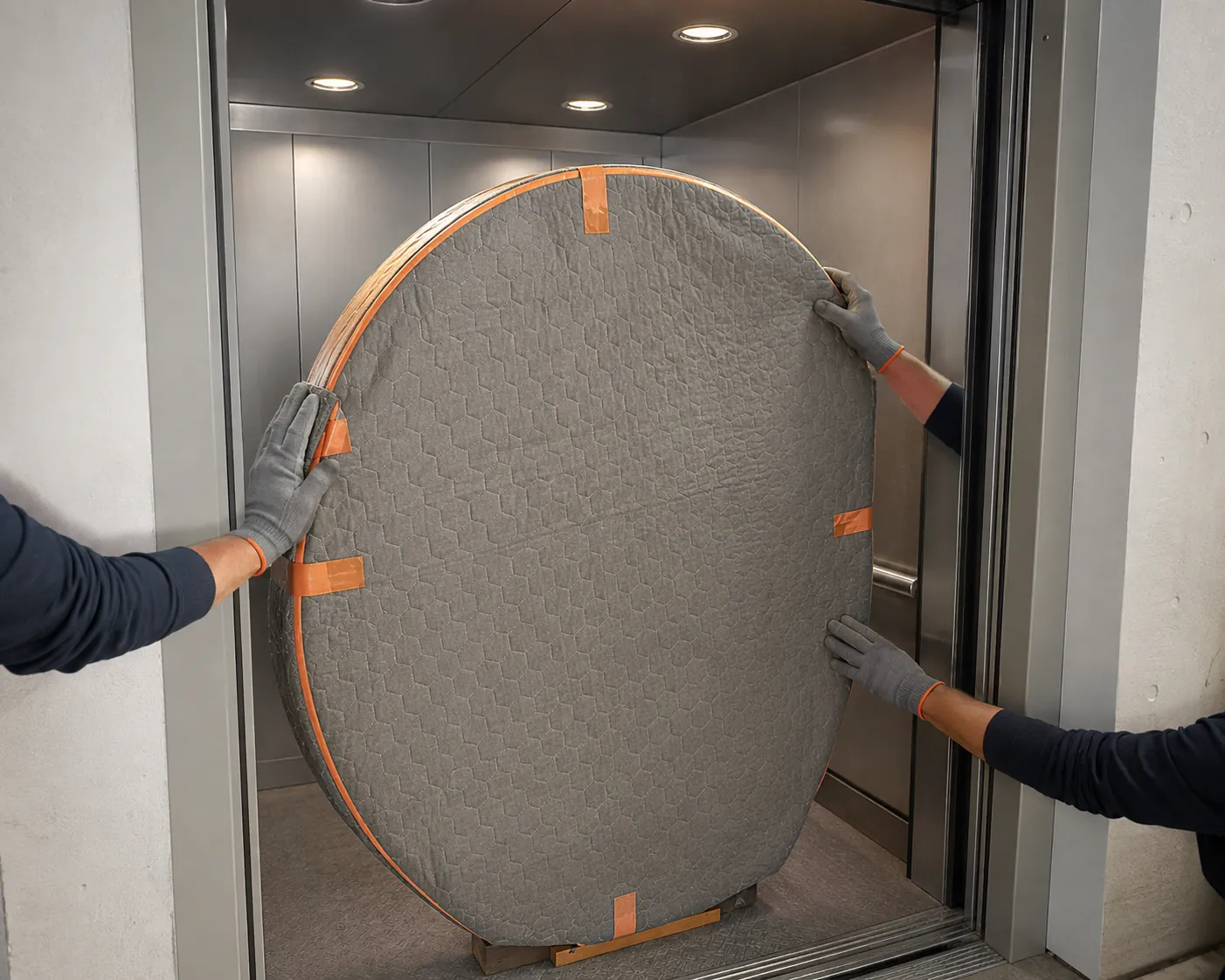 Protected dining tabletop being checked against service lift access