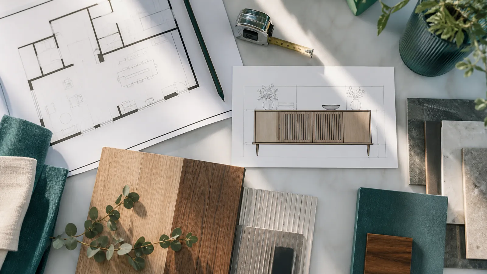 Sideboard plan with tape measure and material samples viewed from above