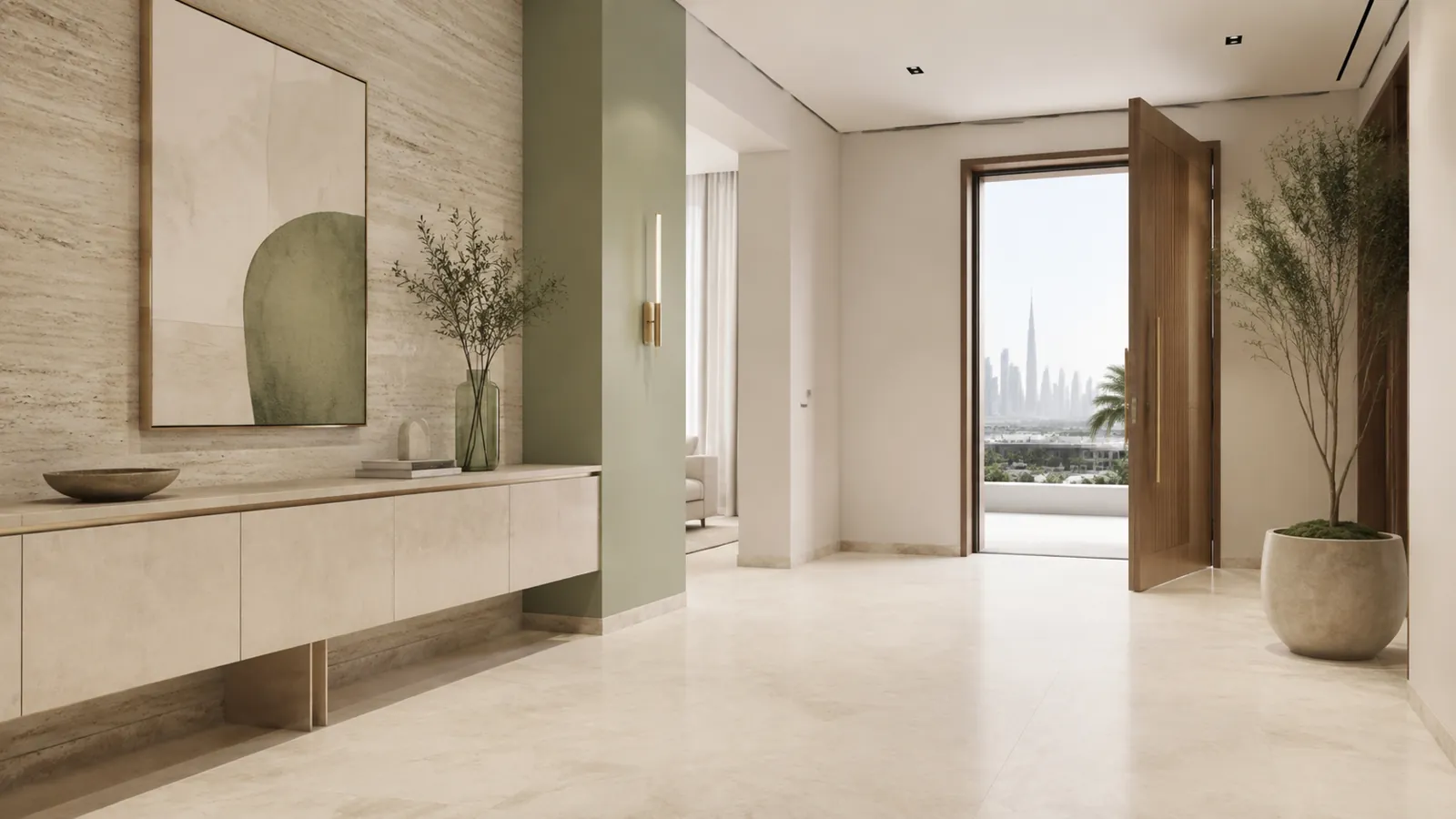 Slim pale sideboard preserving circulation in a Dubai entrance