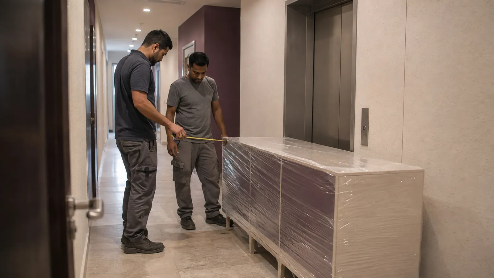 Wrapped sideboard being measured beside a residential lift