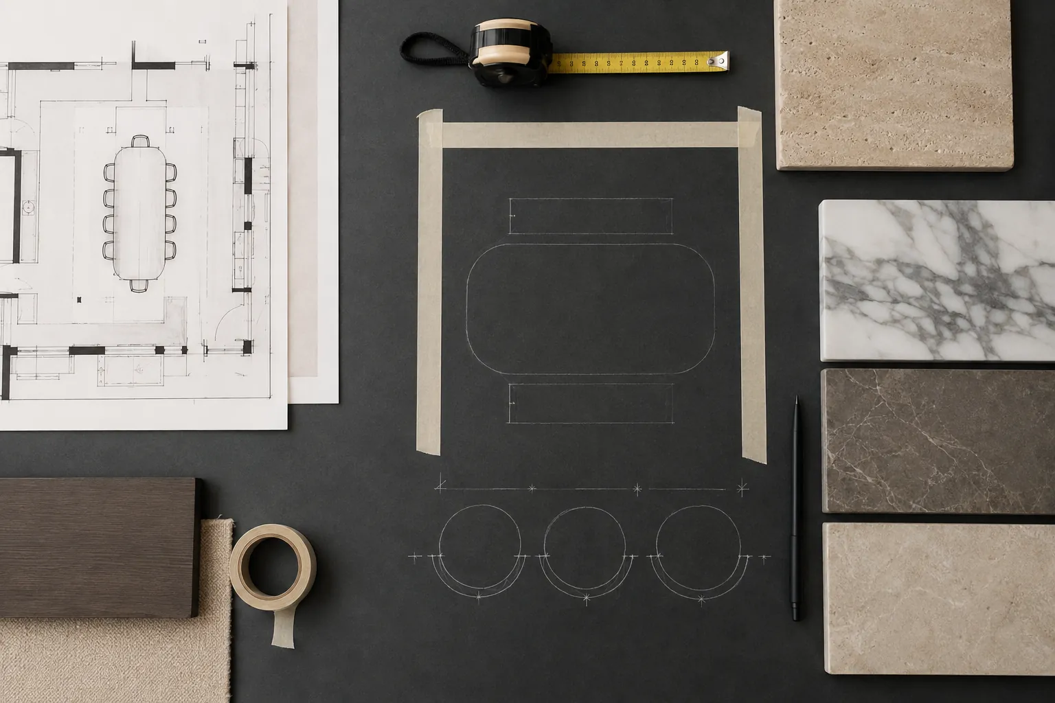 Dining bench floor plan tape measure and finish samples viewed from above