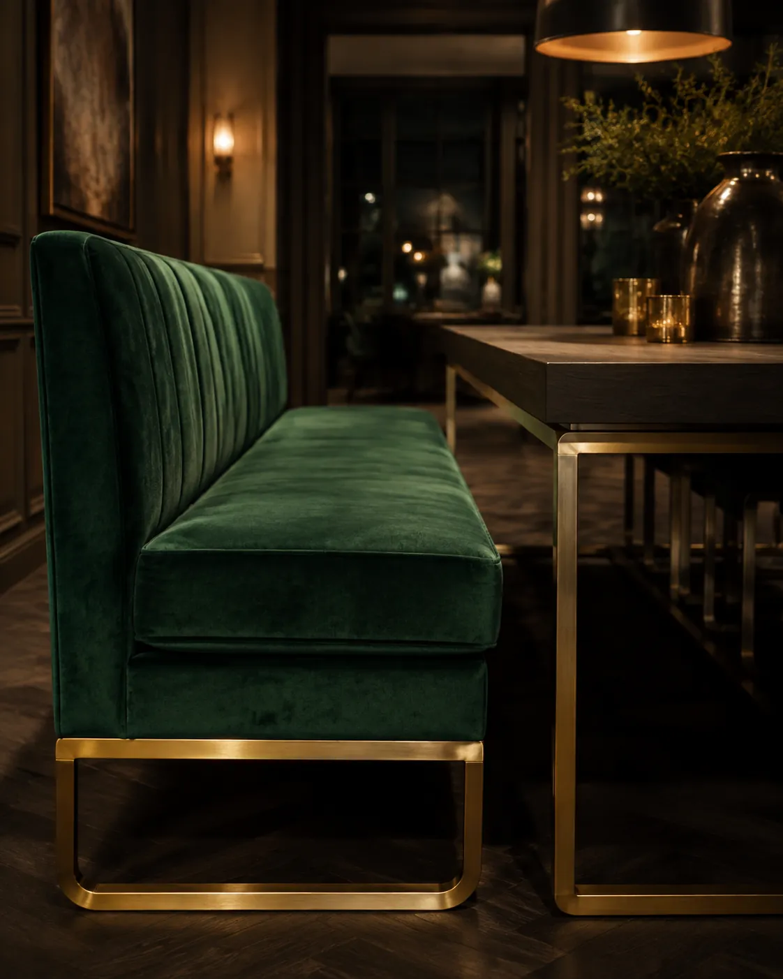 Emerald upholstered bench beside a dining table in evening light
