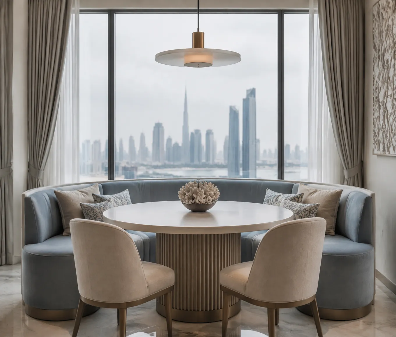 Curved banquette in a pale blue Dubai apartment dining nook