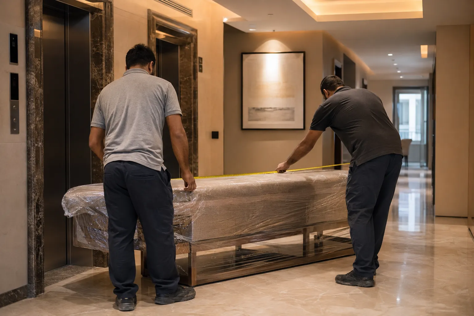 Wrapped dining bench being measured beside residential lift doors