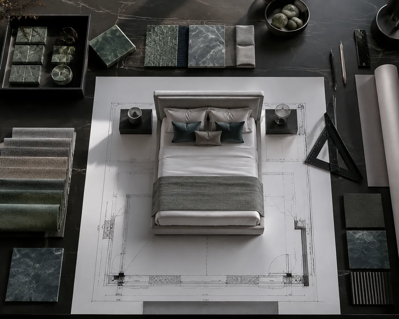 Measured bedroom plan with bedside footprints and material samples