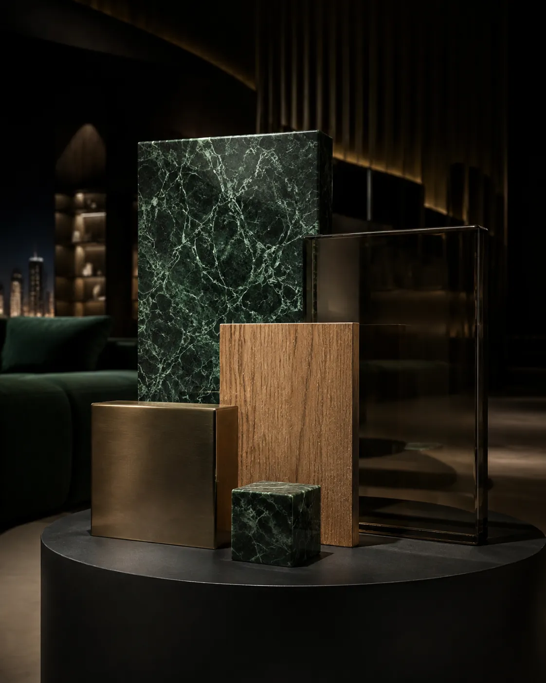 Marble glass timber and bronze bedside material samples