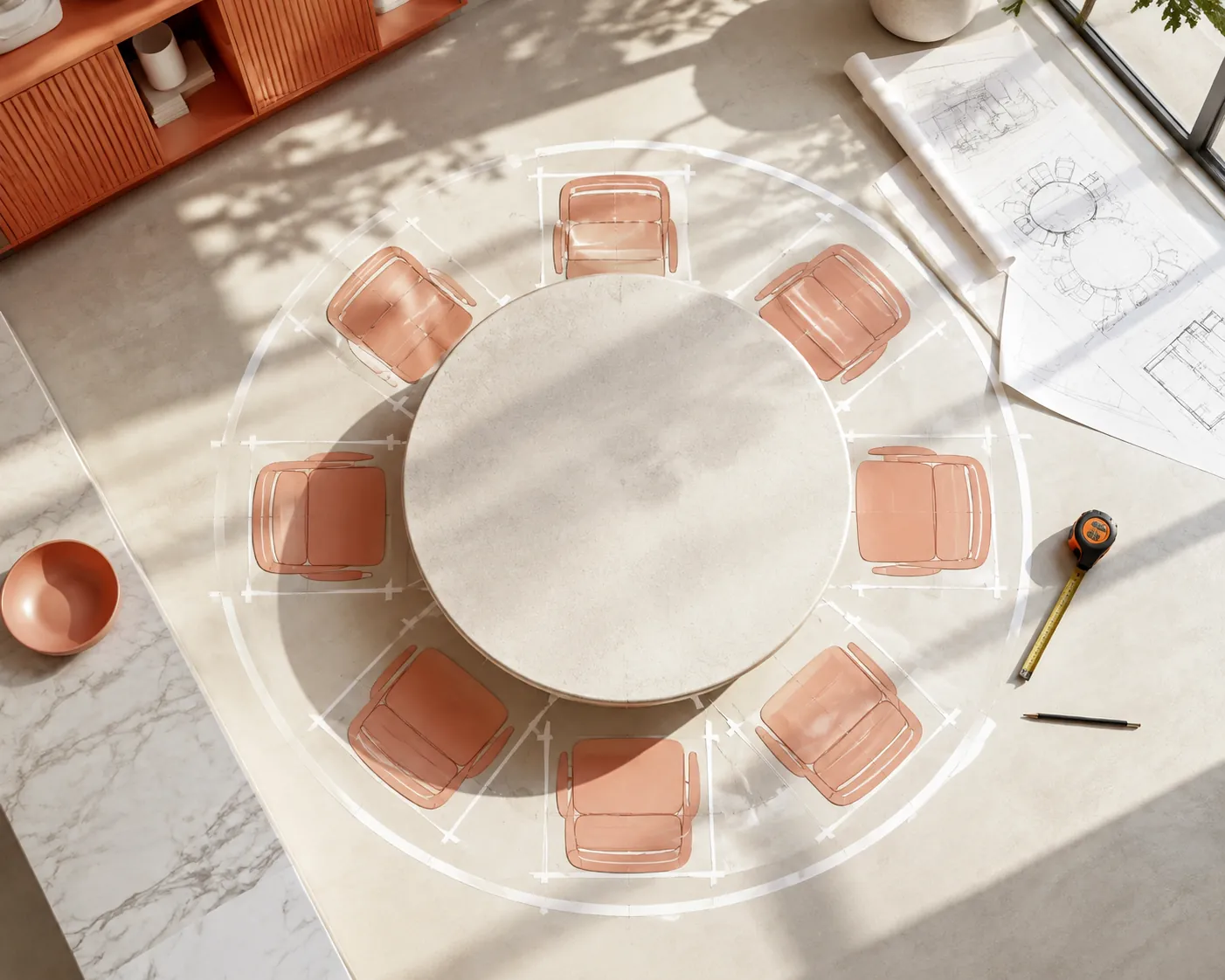 Round table footprint and chair positions measured in a bright design studio