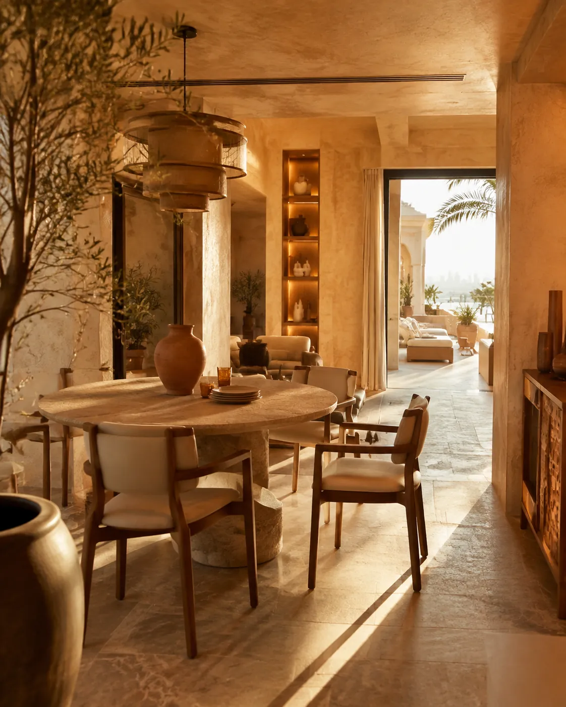 Stone pedestal dining table with chairs pulled out beside a Dubai terrace