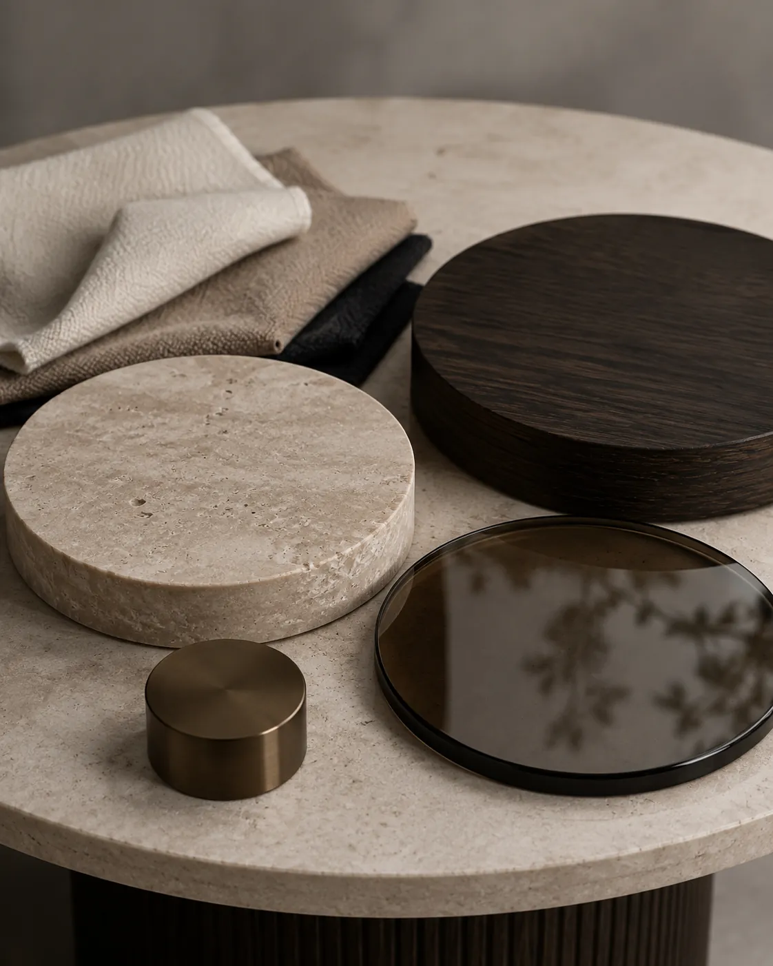 Travertine timber glass bronze and upholstery dining samples