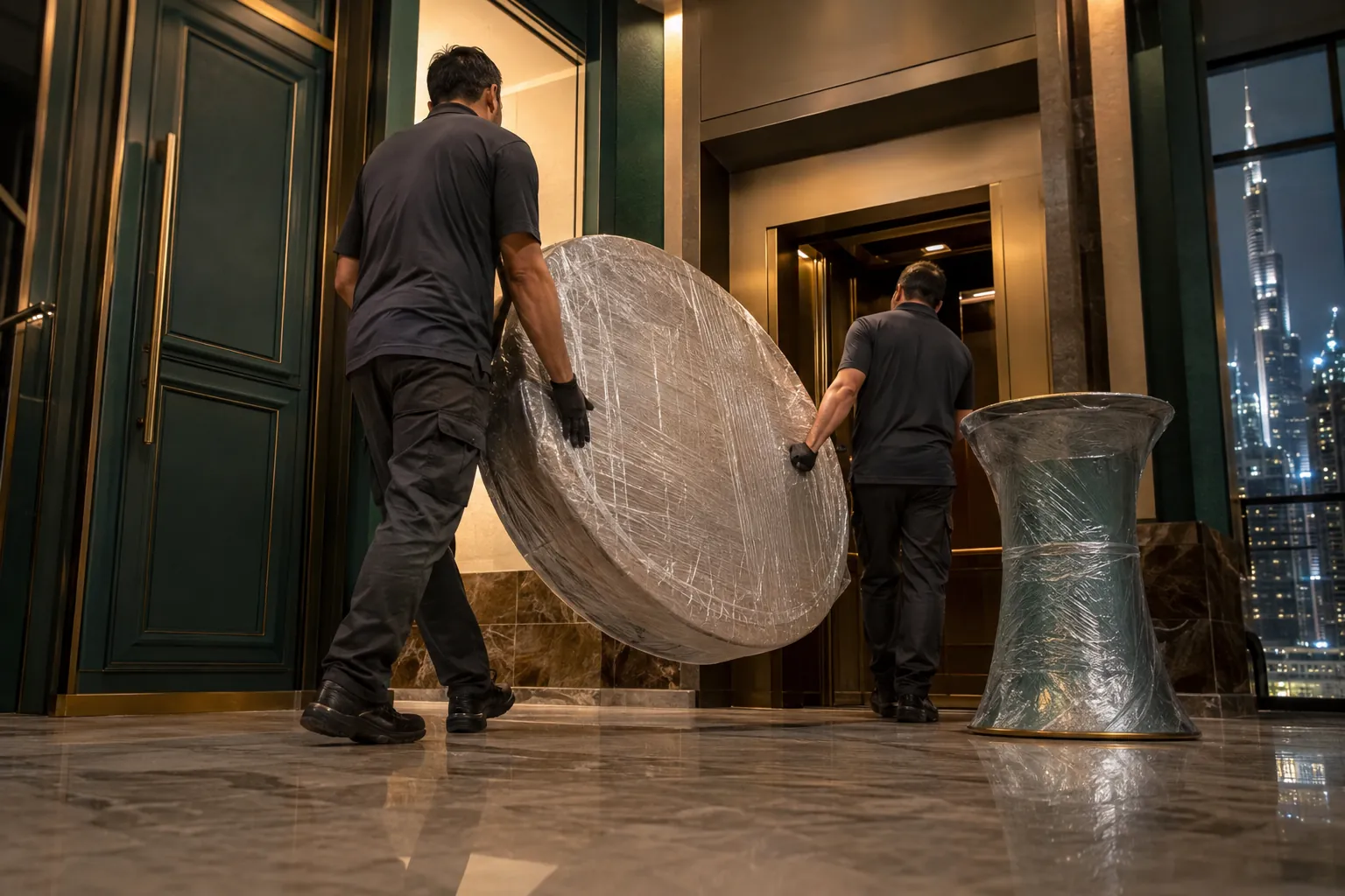 Wrapped circular tabletop being moved past a Dubai apartment lift