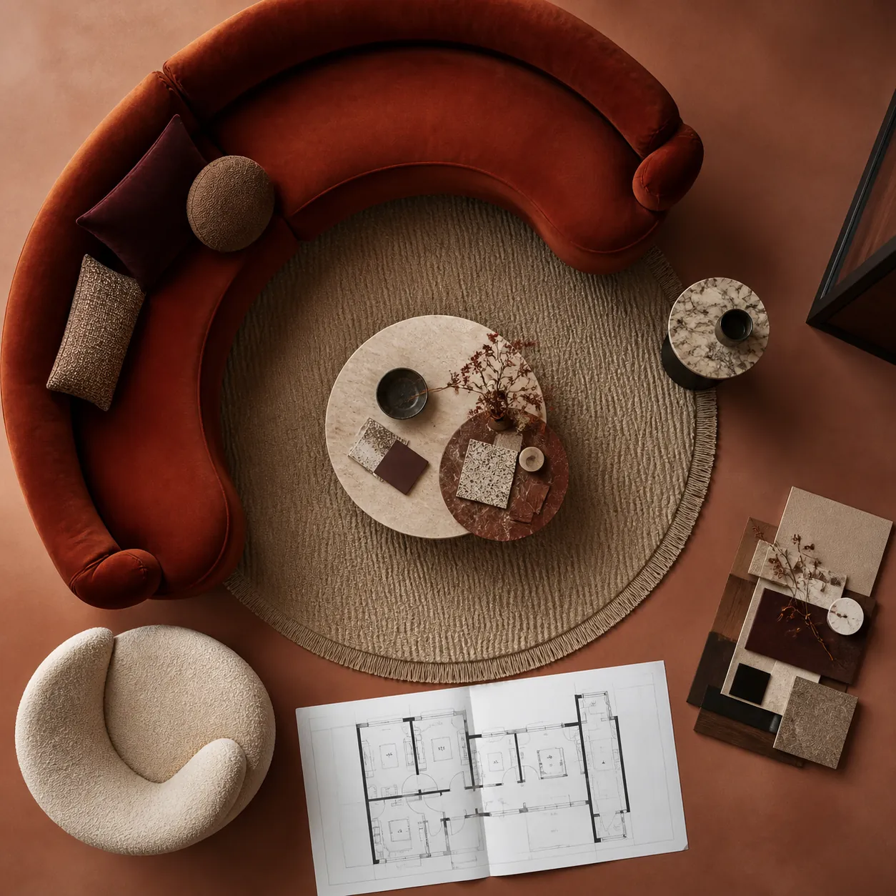 Rust curved sofa and floor plan viewed from above