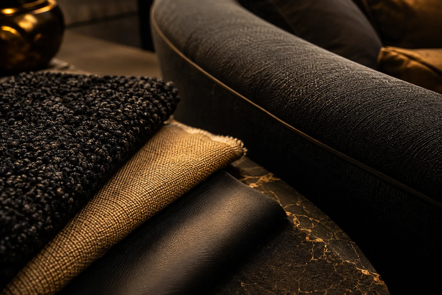 Sofa upholstery samples in warm evening light
