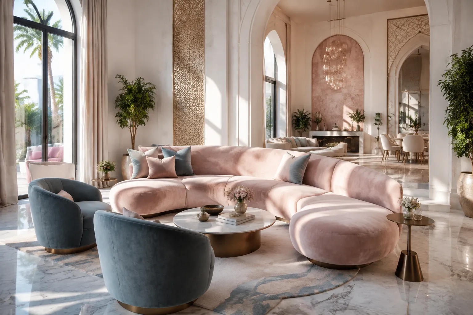 Blush curved sofa defining an open-plan conversation area