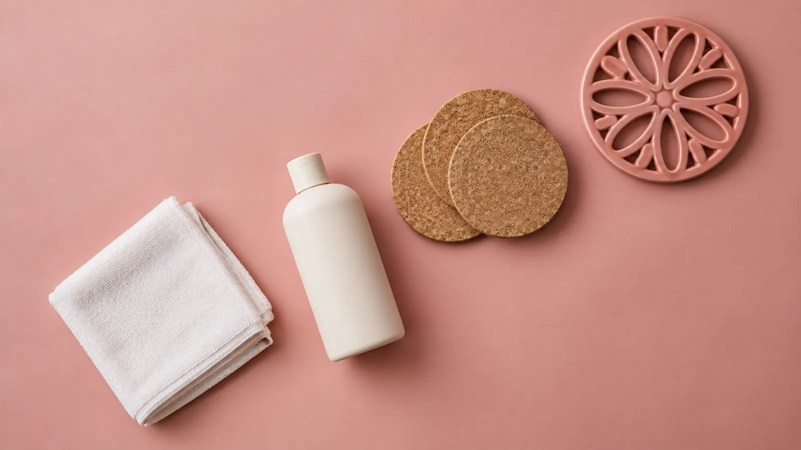 Illustrative stone-care supplies, soft cloth, coasters and trivet on a pink surface