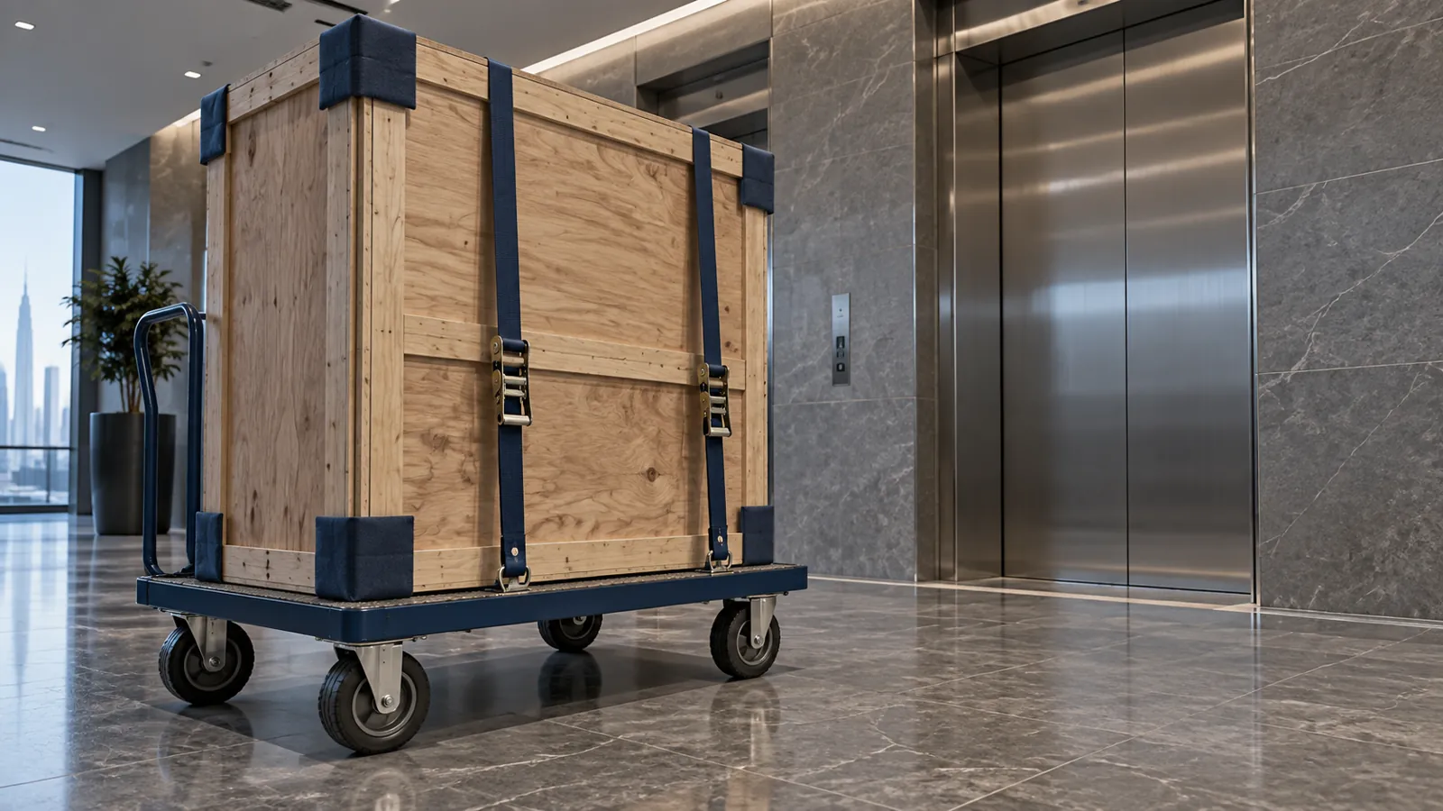 Illustrative packed furniture crate on a trolley in an apartment service-lift lobby