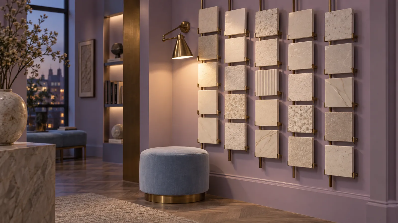 Illustrative stone and ceramic sample library with lilac walls and brass lighting